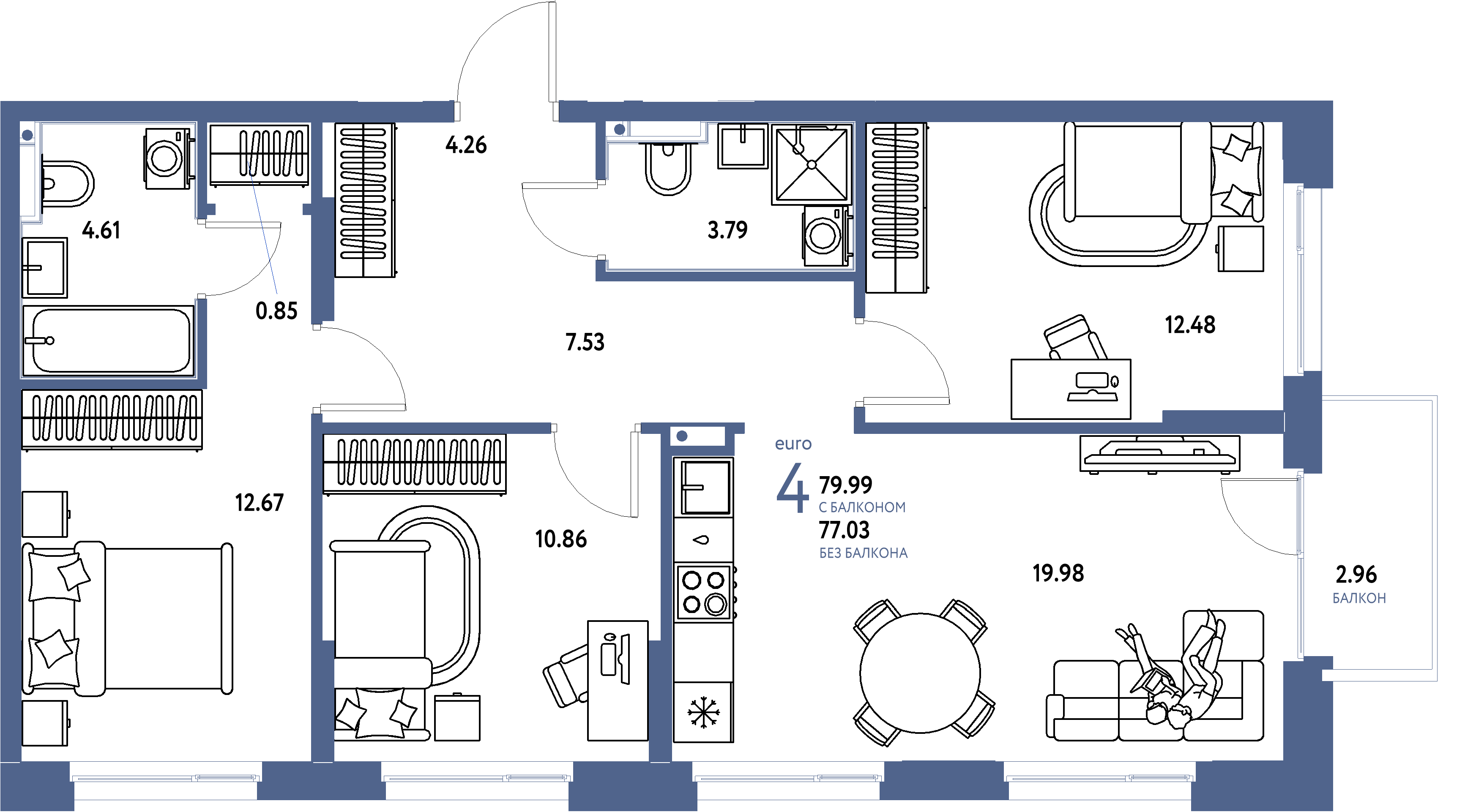 Планировка: Евро-4 79,71 м² в ЖК «Домашний»