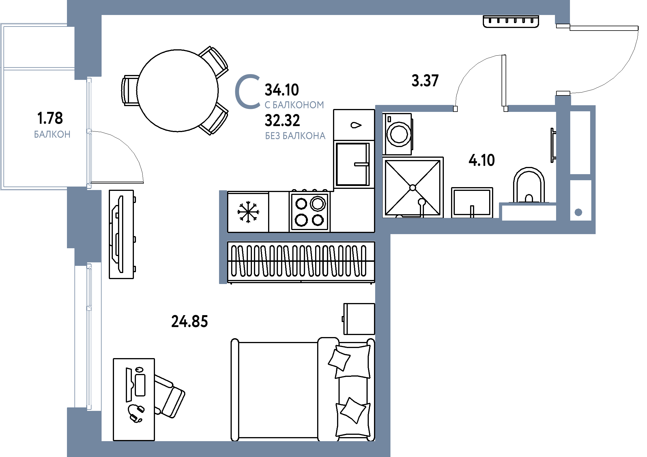 Планировка: Студия 34,1 м² в ЖК «Авторский»