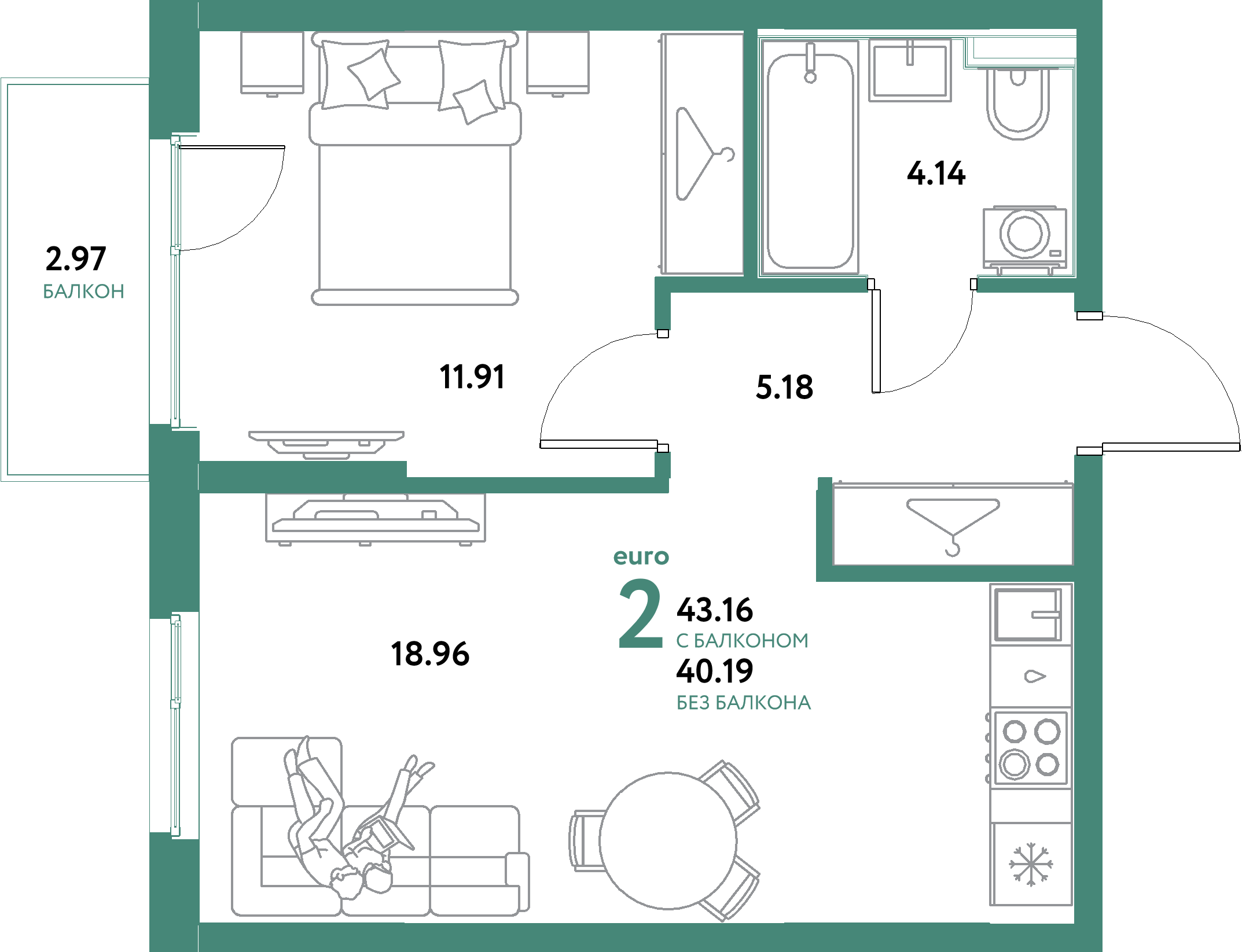 Планировка: Евродвушка 43,16 м² в ЖК «Остров-сад»