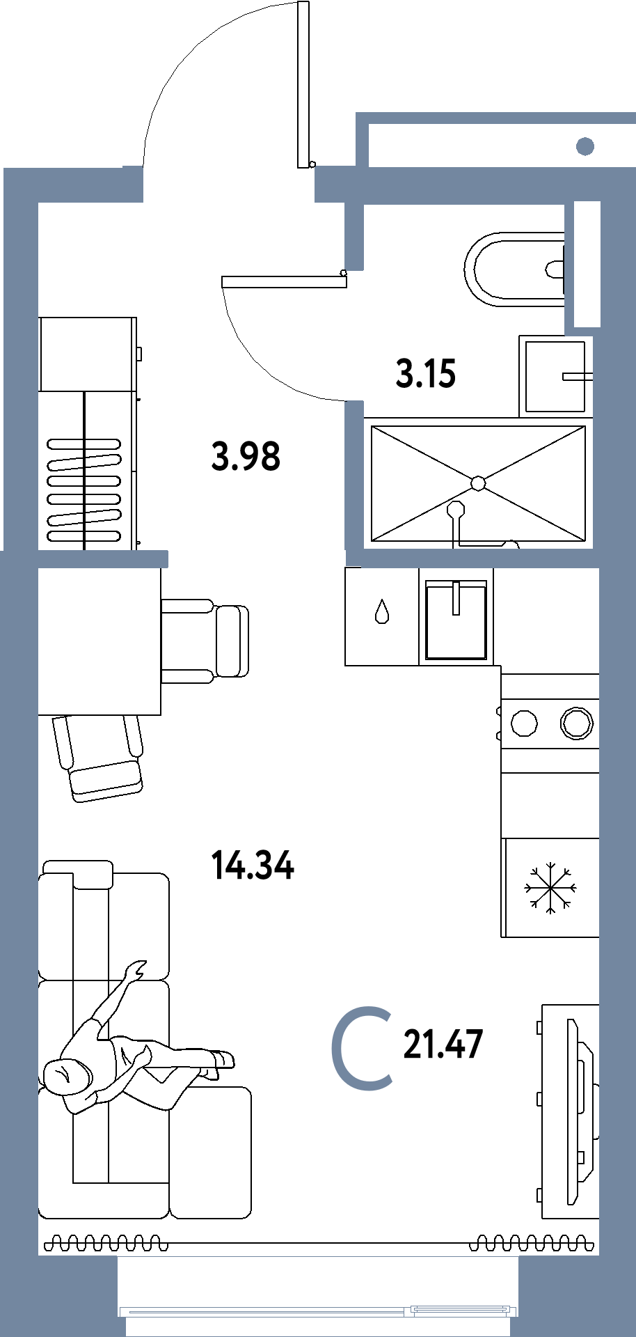 Планировка: Студия 21,47 м² в ЖК «Домашний»