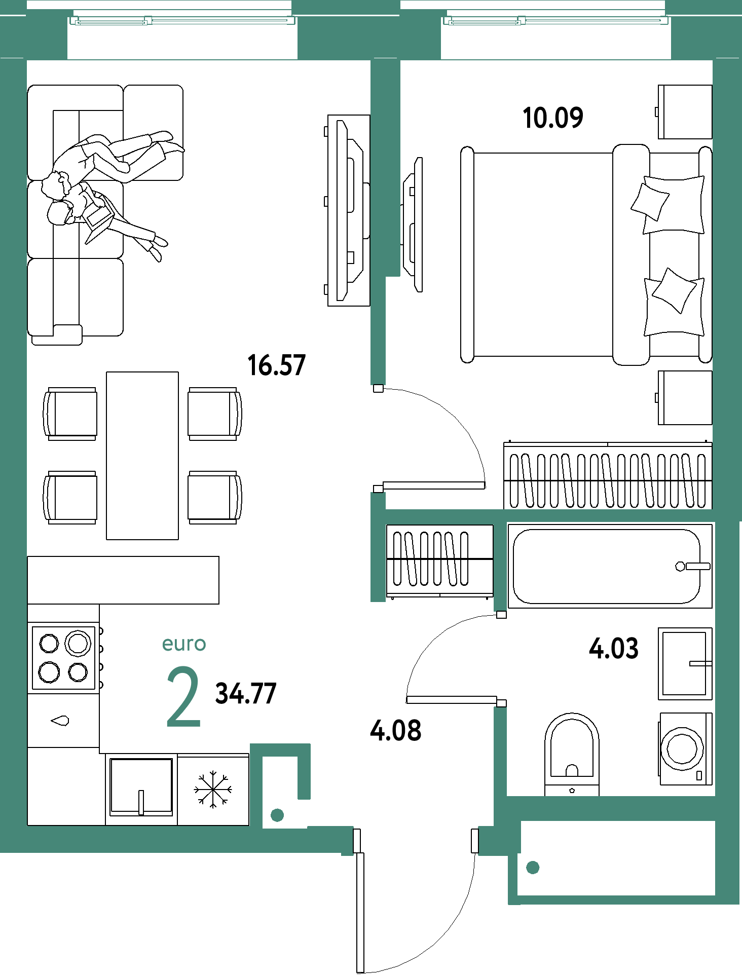 Планировка: Евродвушка 34,77 м² в ЖК «Домашний»