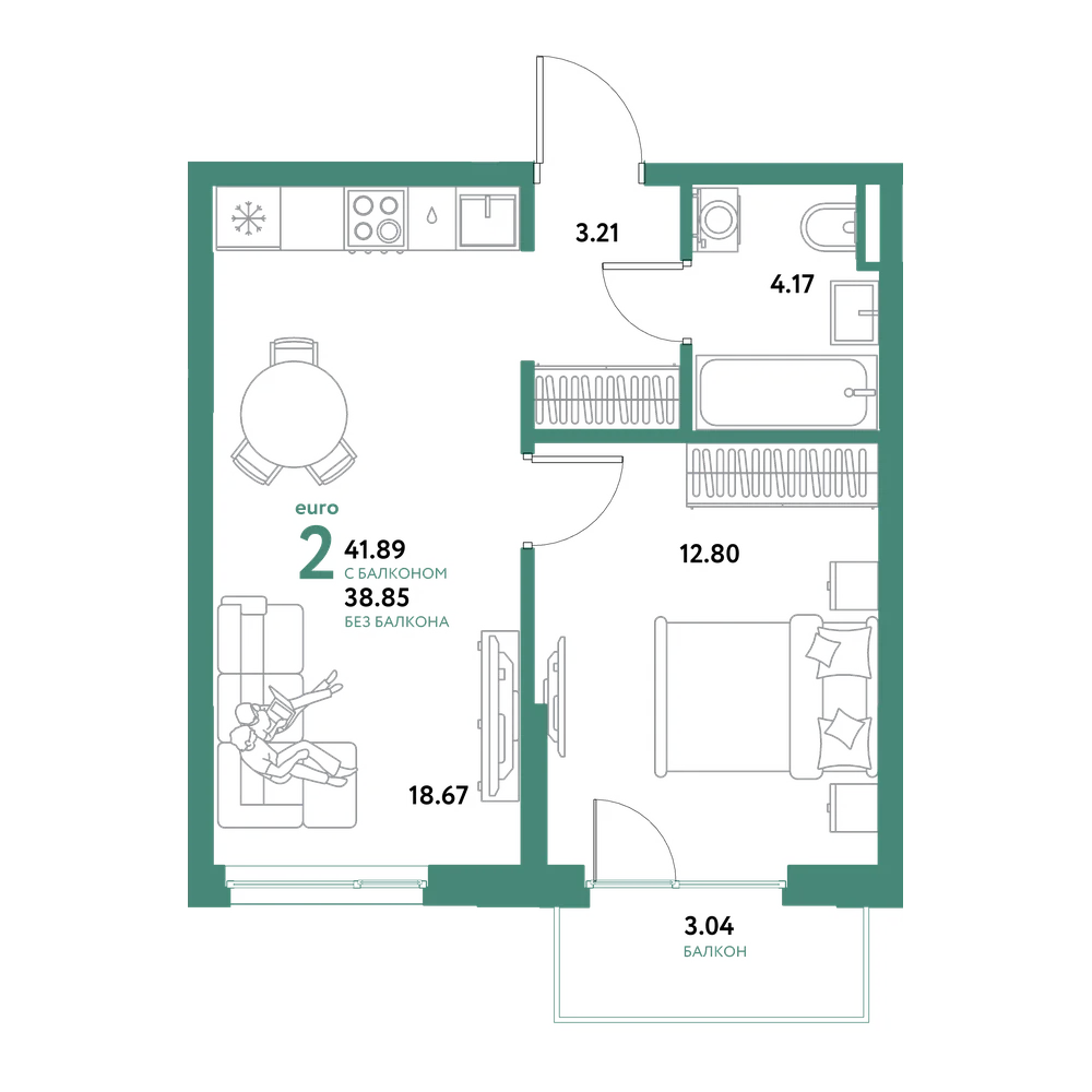 Планировка: Евродвушка 41,89 м²