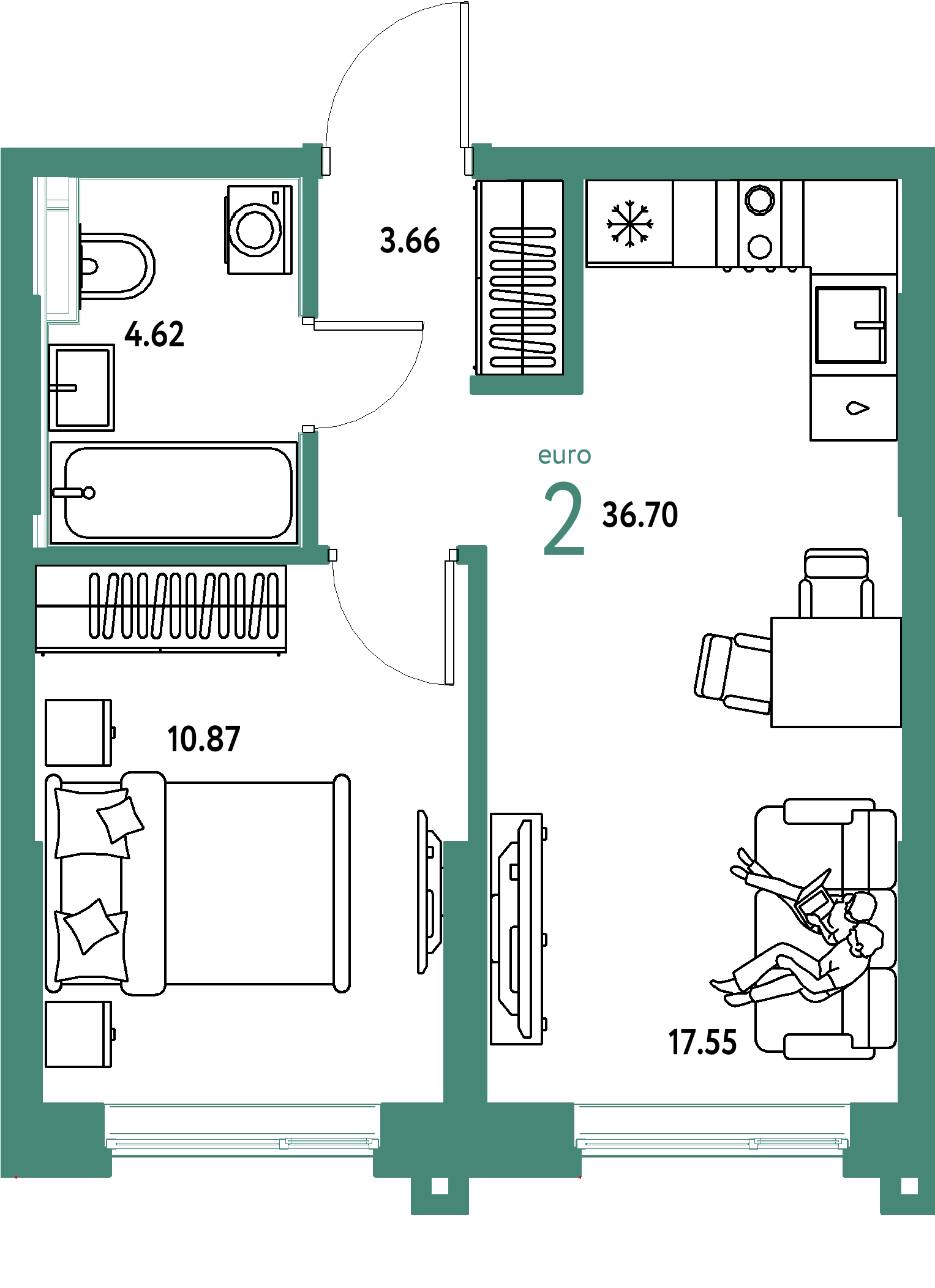 Планировка: Евродвушка 36,66 м² в ЖК «Остров-сад»
