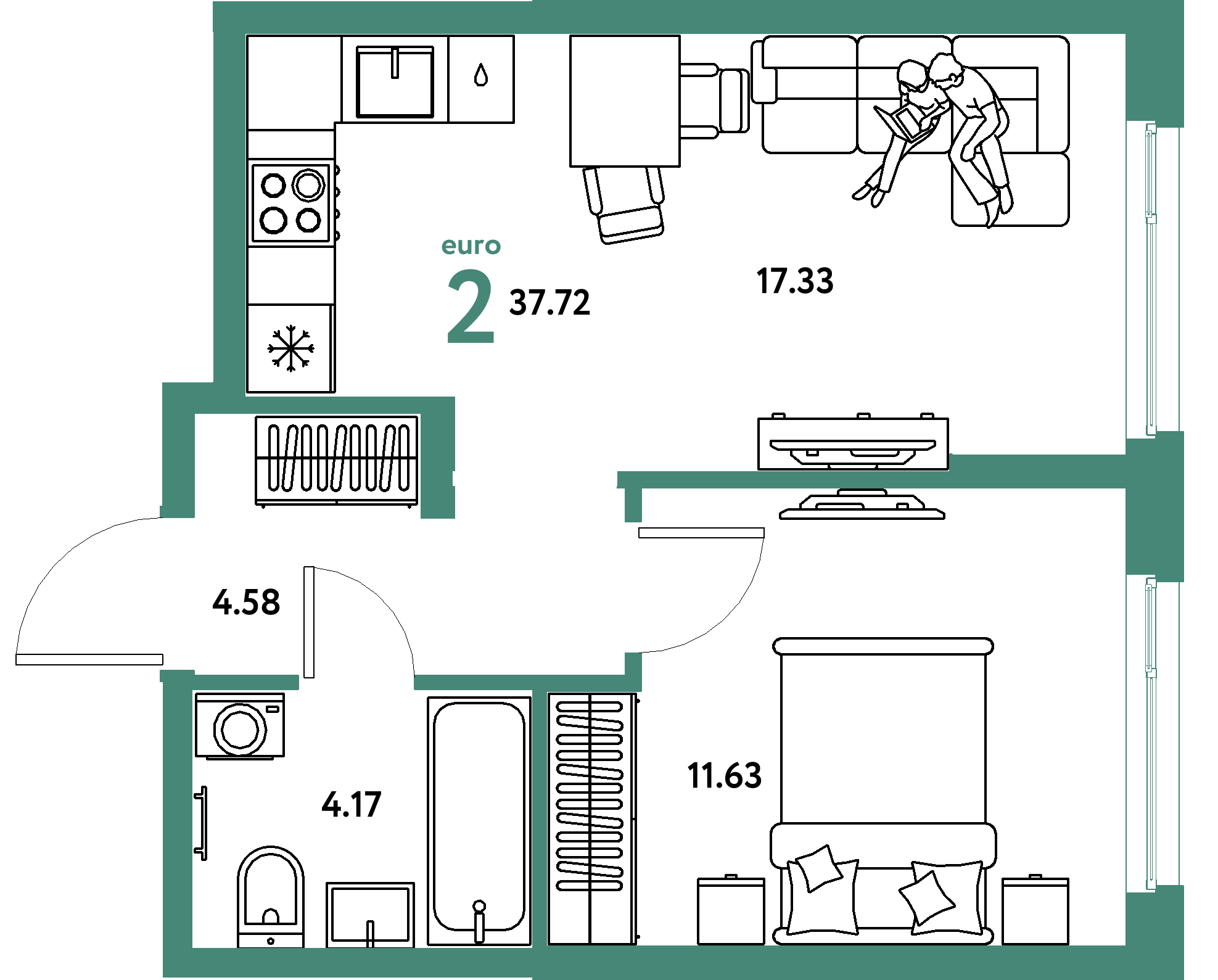 Планировка: Евродвушка 37,72 м² в ЖК «Европейский берег 2.0»