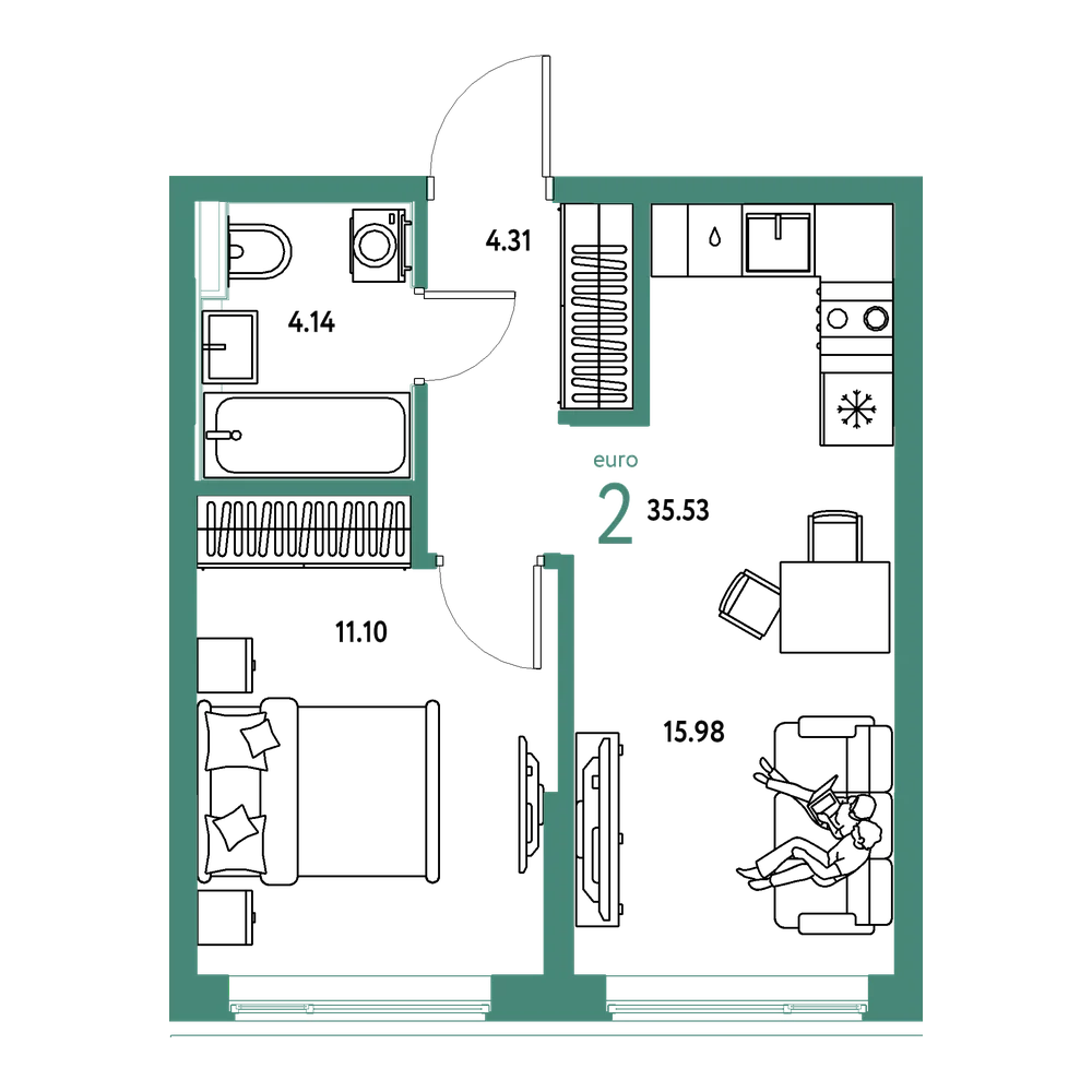 Планировка: Евродвушка 35,53 м²