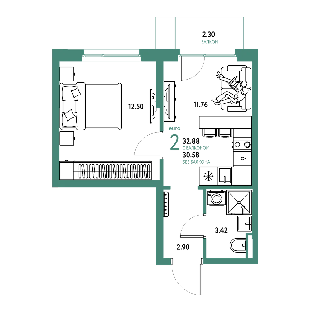 Планировка: Евродвушка 32,88 м²