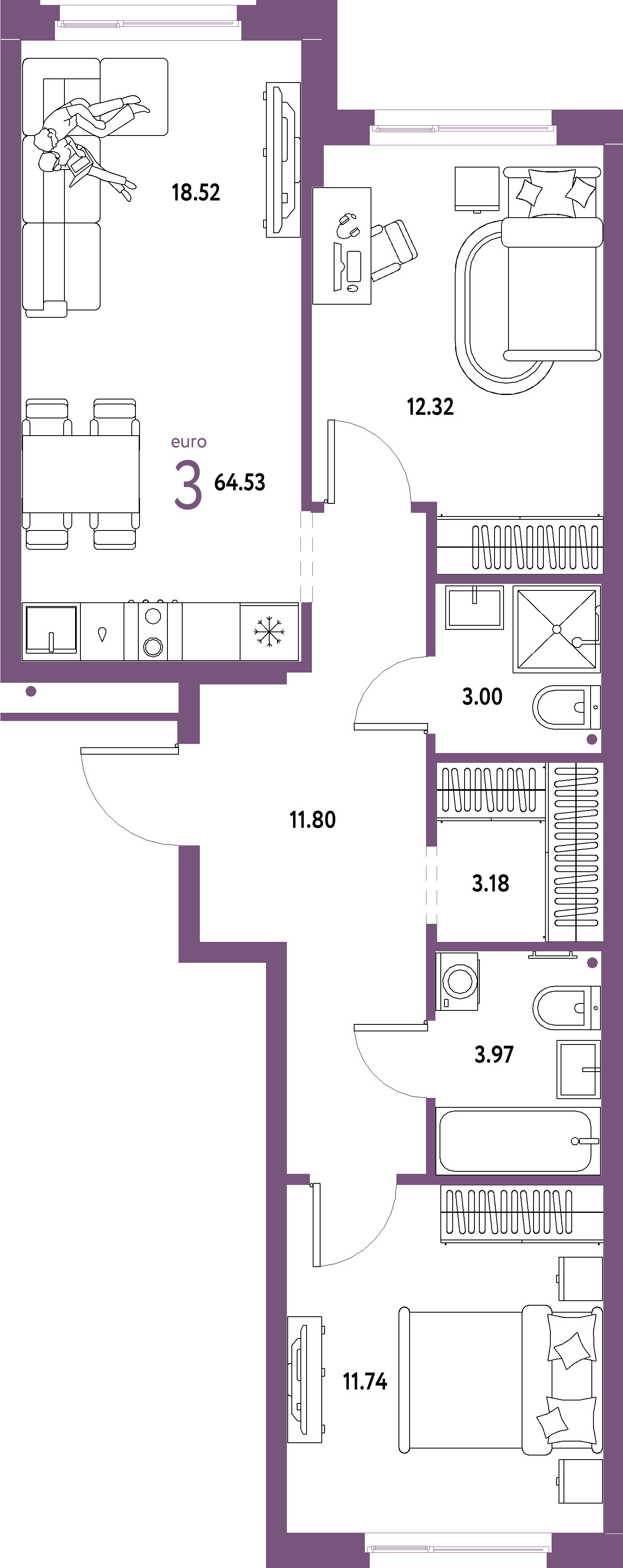 Планировка: Евротрёшка 64,53 м² в ЖК «Домашний»