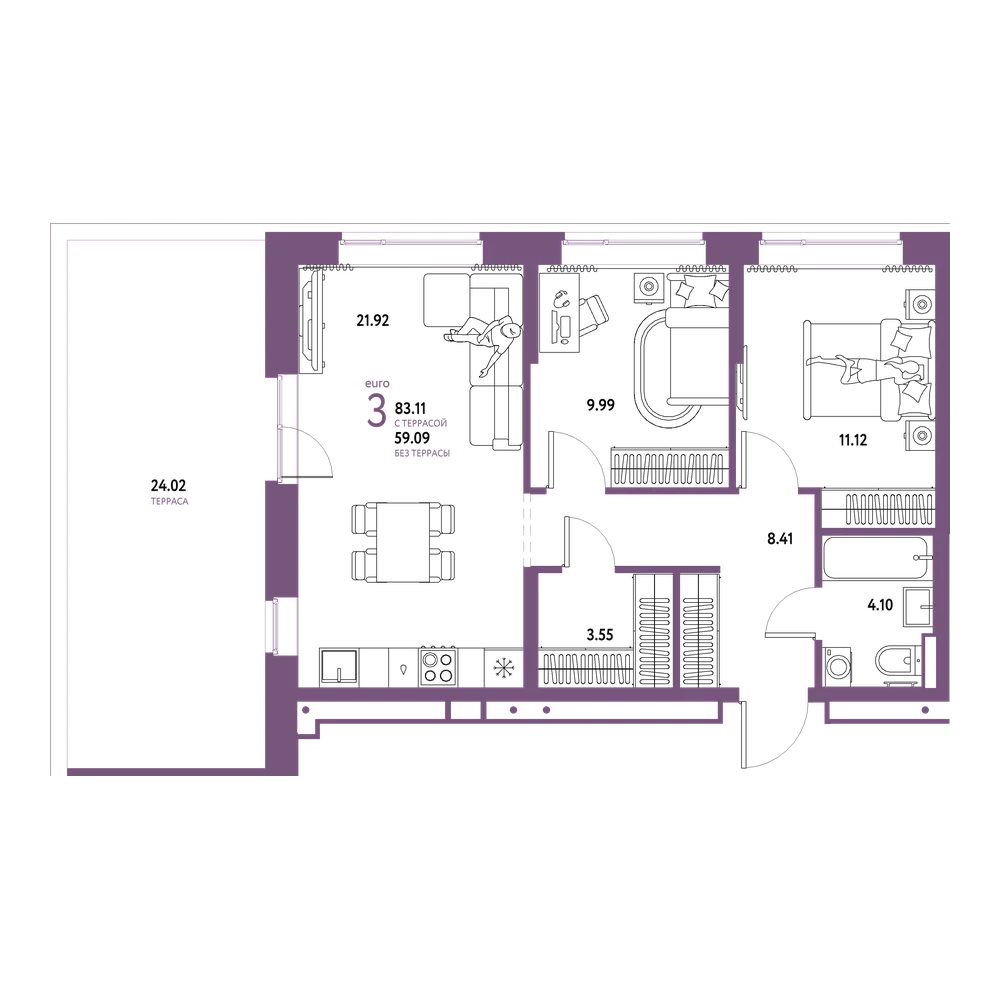 Планировка: Евротрёшка 83,11 м²