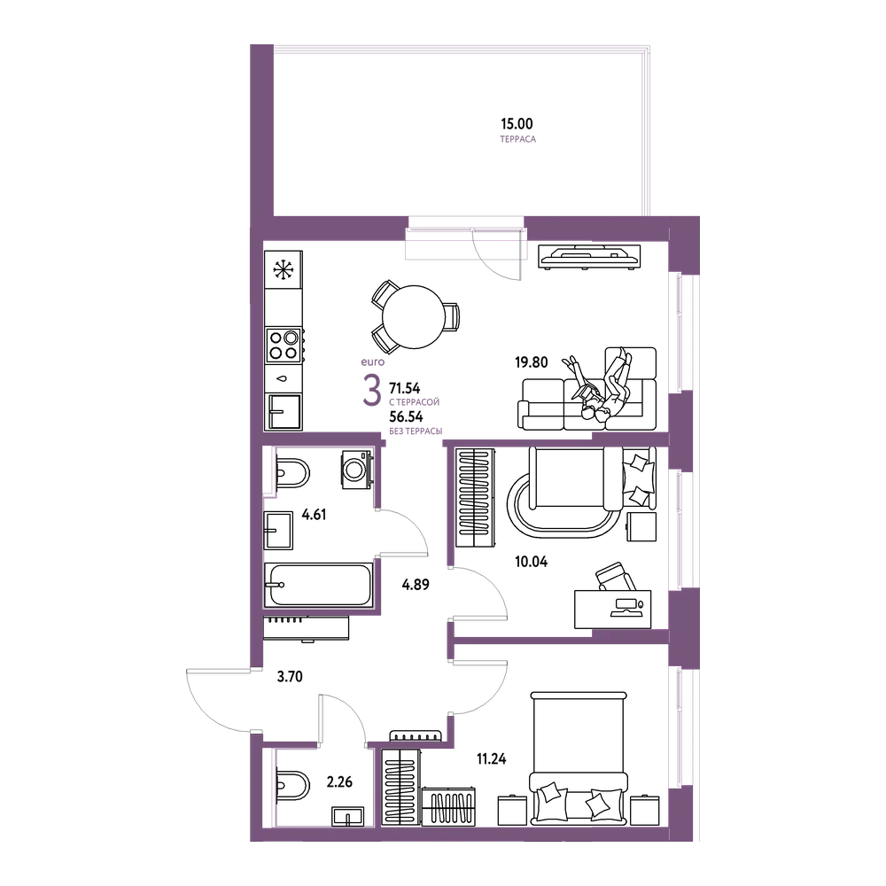Планировка: Евротрёшка 73,13 м²