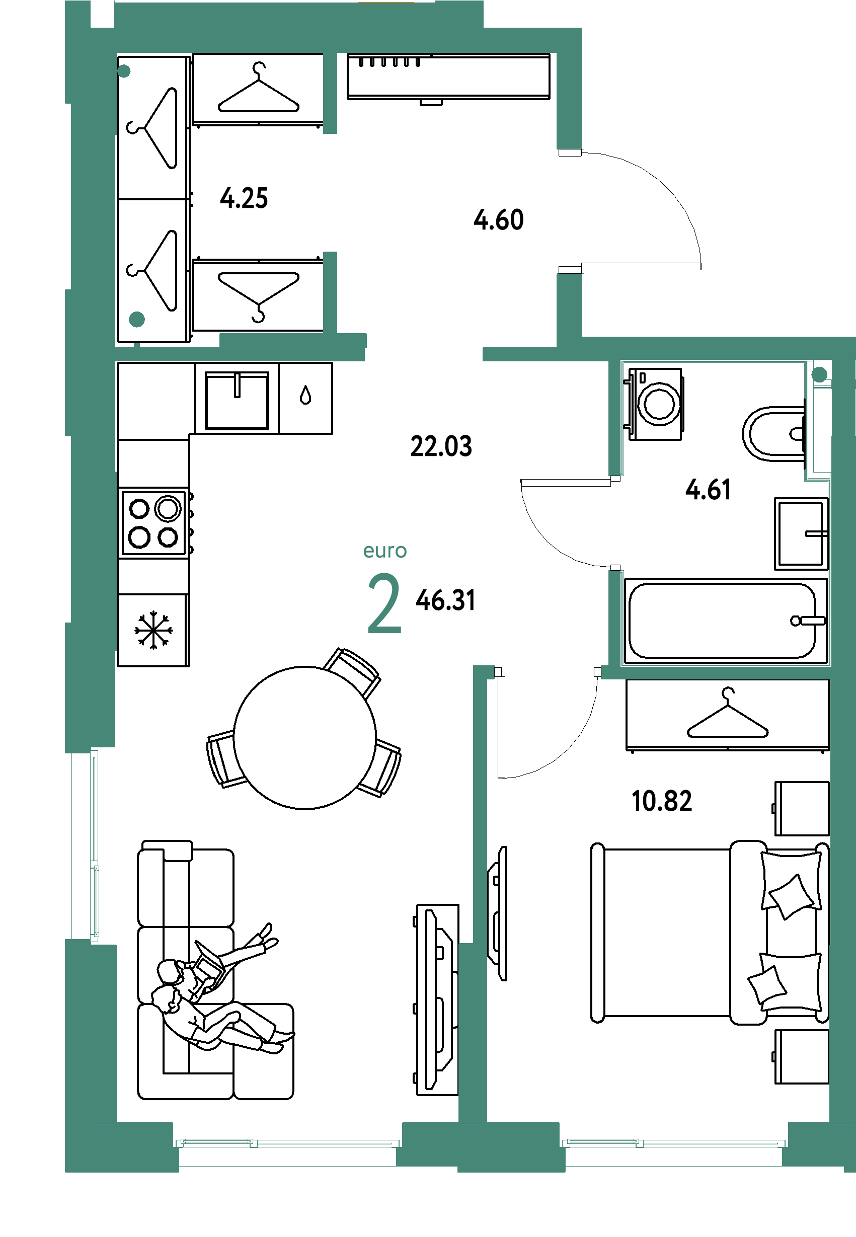 Планировка: Евродвушка 46,31 м² в ЖК «Европейский берег 2.0»