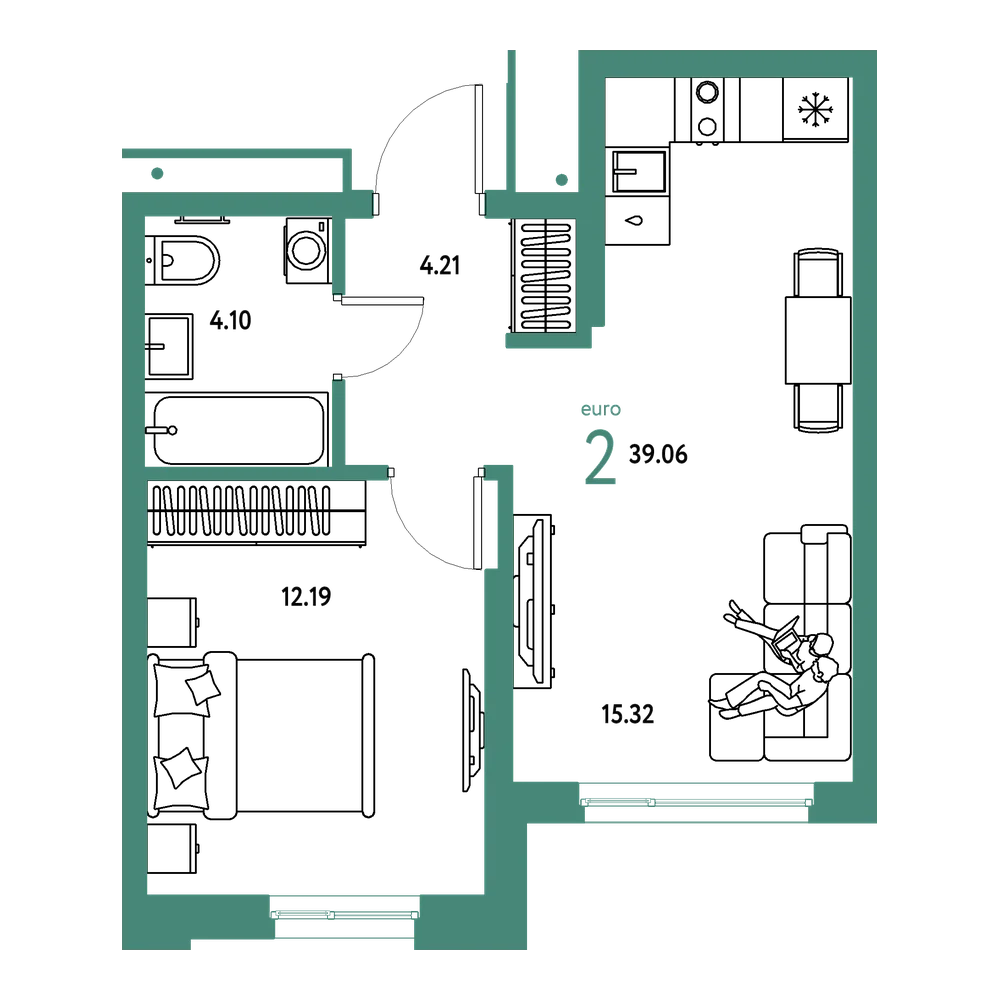 Планировка: Евродвушка 39,06 м²