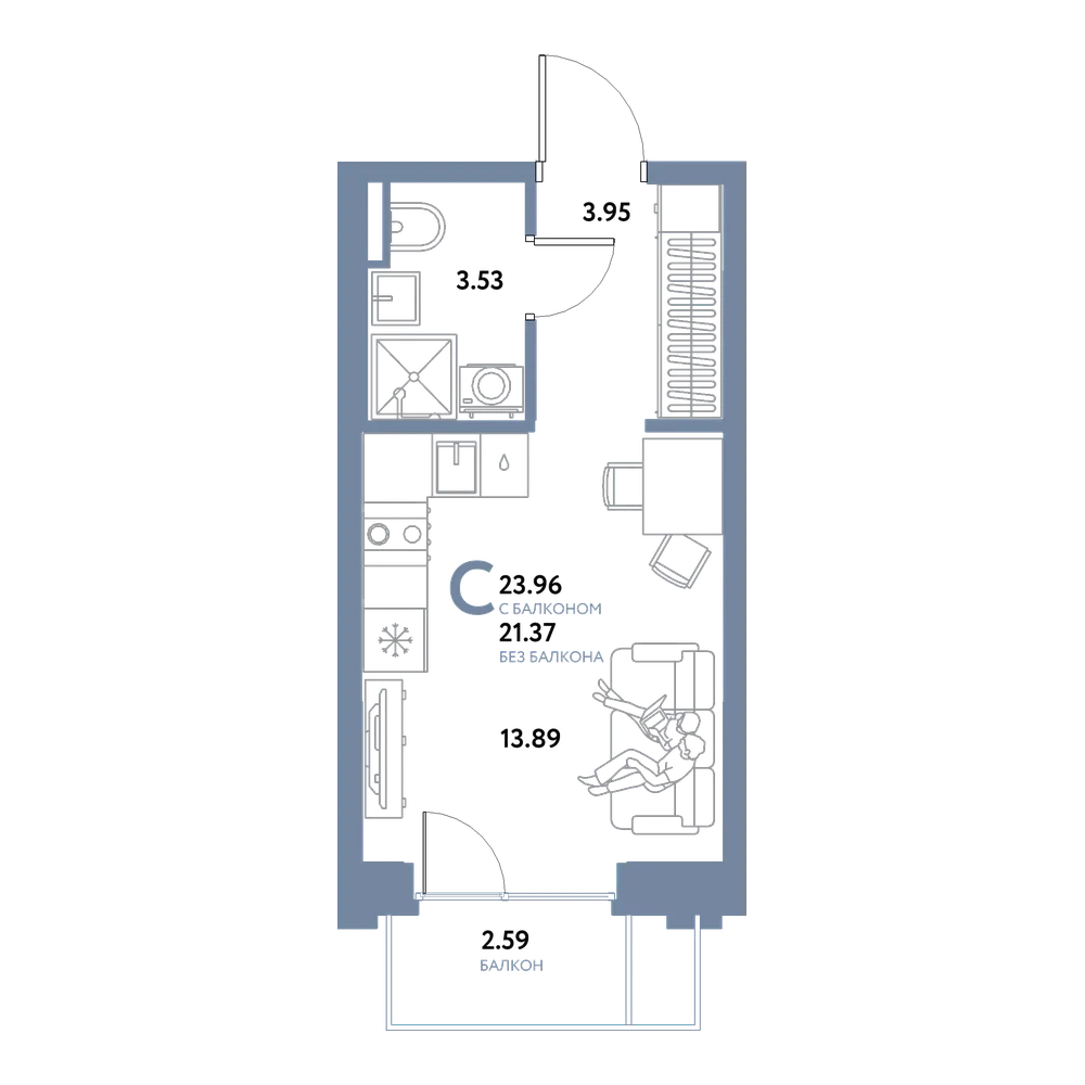 Планировка: Студия 23,96 м²
