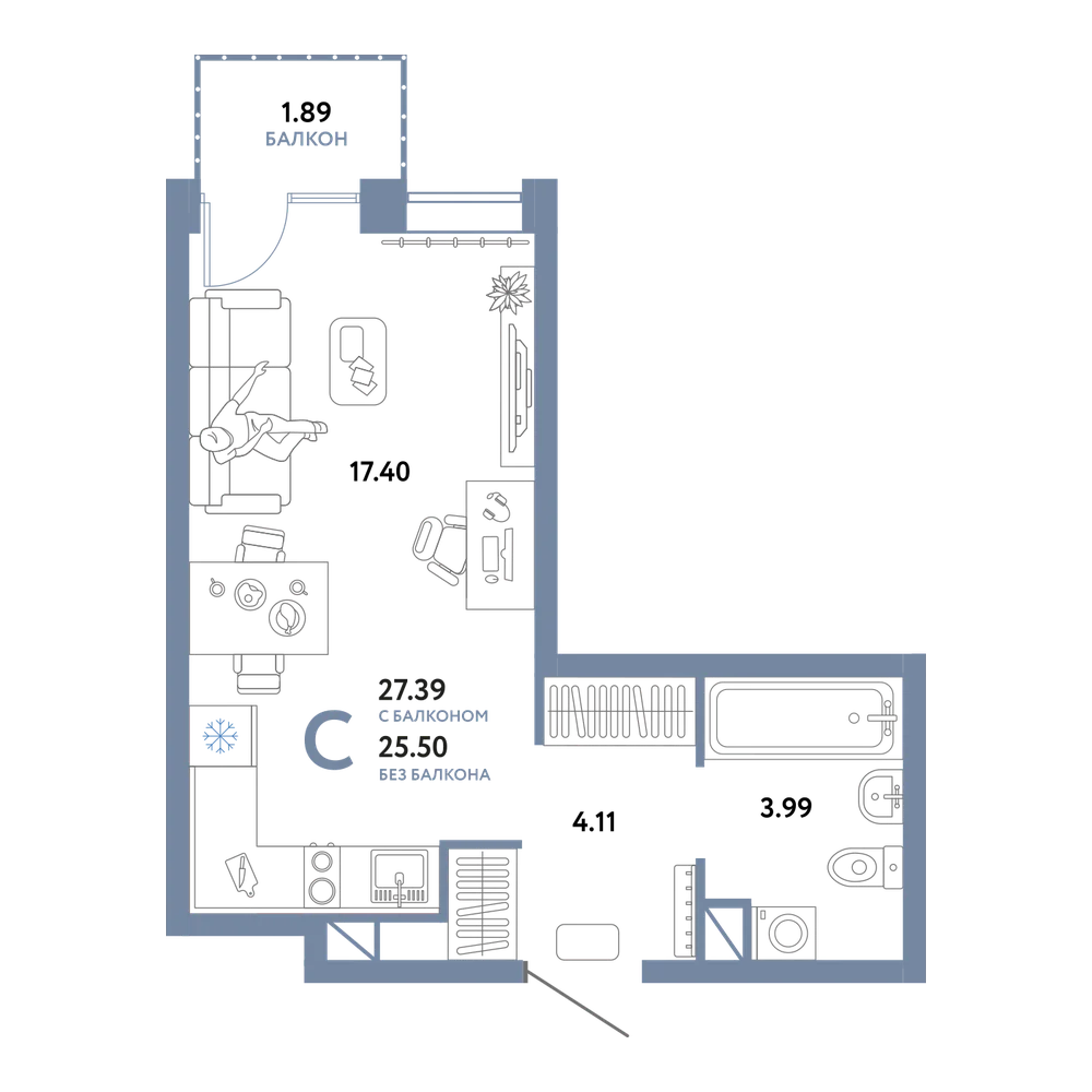 Планировка: Студия 27,39 м²