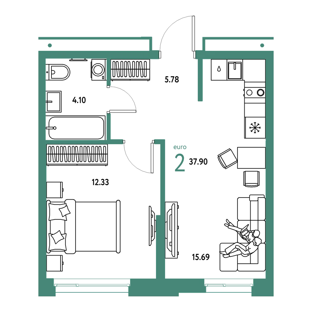 Планировка: Евродвушка 37,9 м²