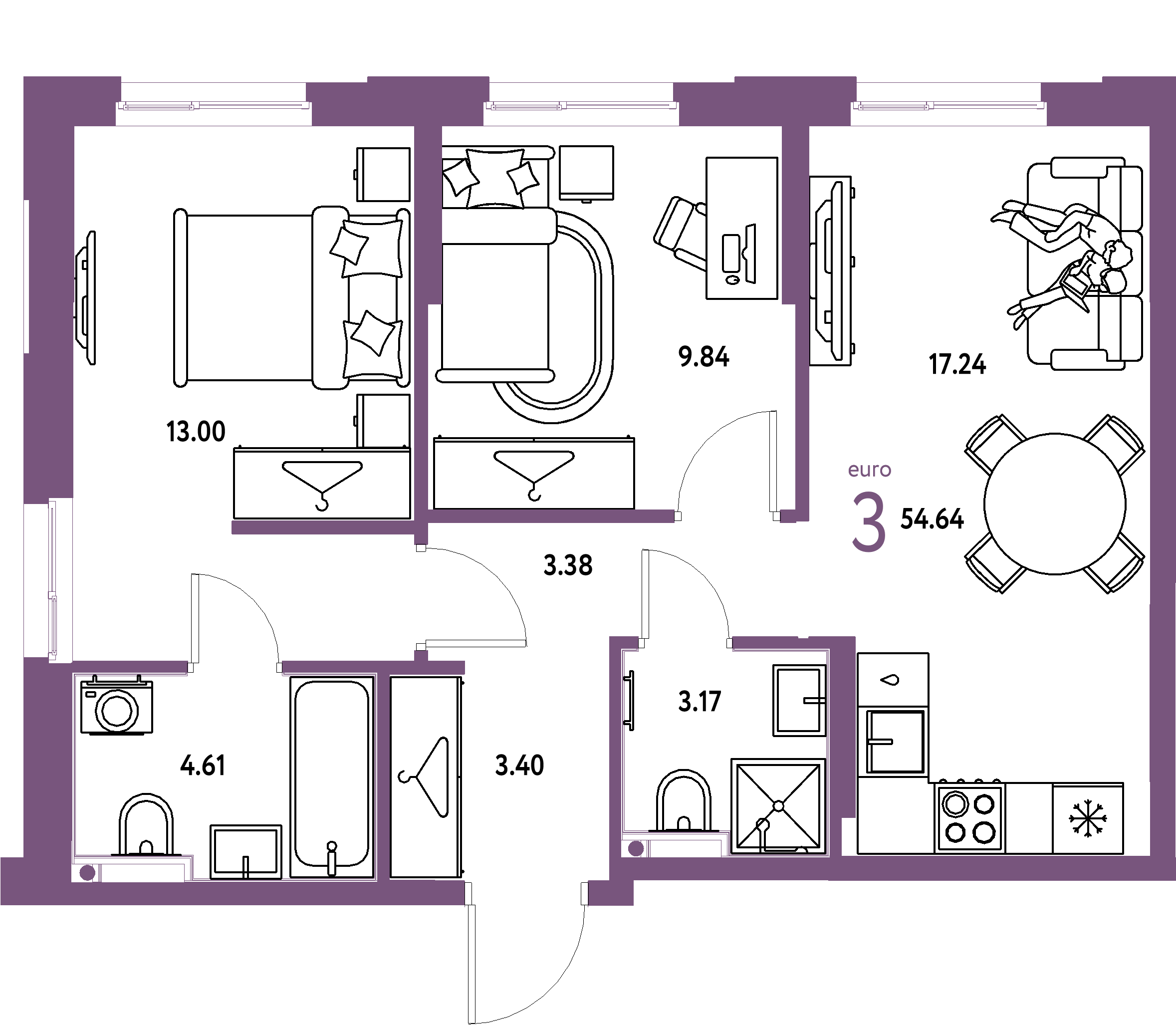 Планировка: Евротрёшка 54,64 м² в ЖК «Европейский берег 2.0»