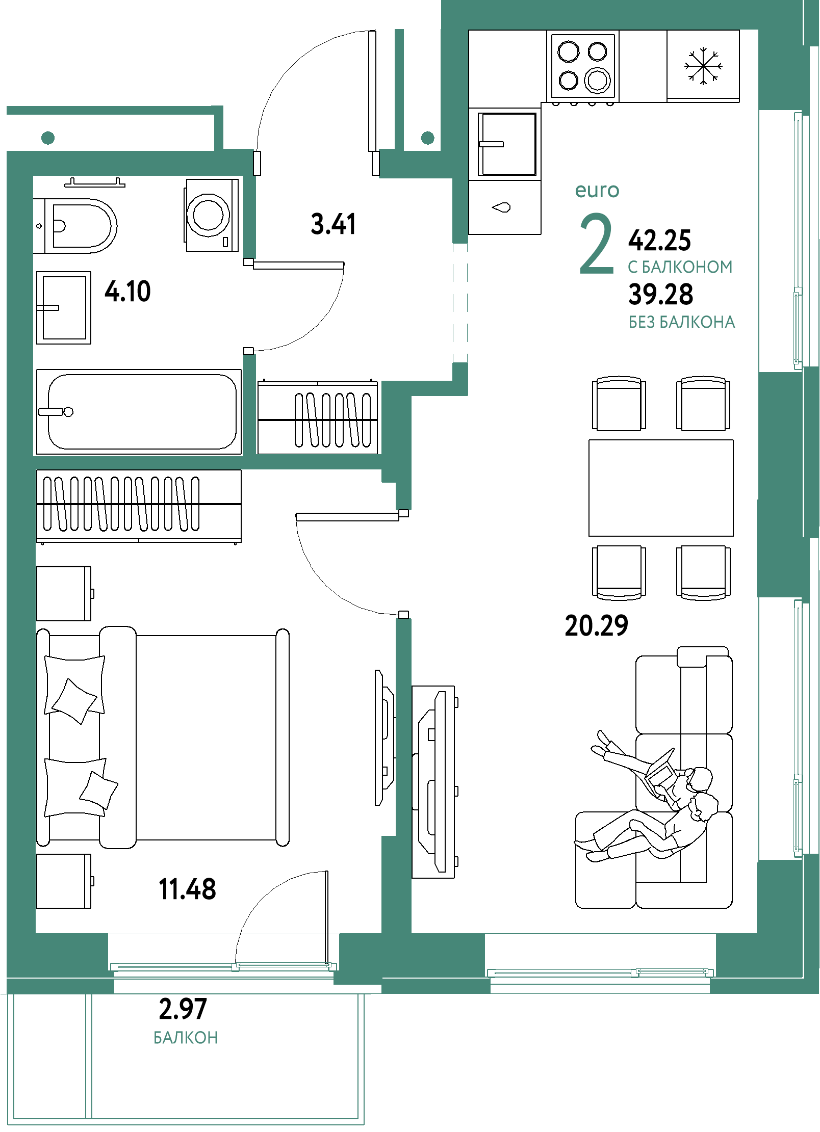 Планировка: Евродвушка 42,25 м² в ЖК «Домашний»