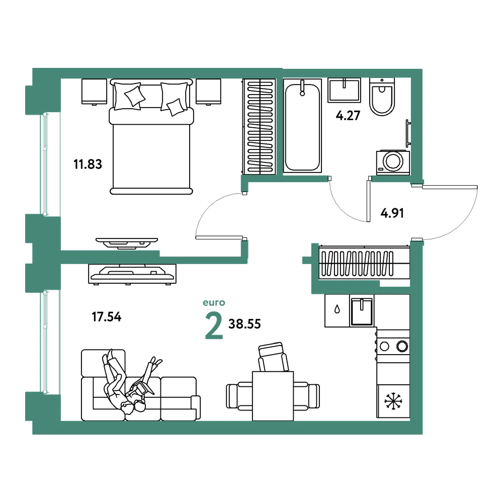 Планировка: Евродвушка 38,55 м²