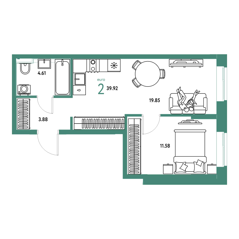 Планировка: Евродвушка 39,92 м²