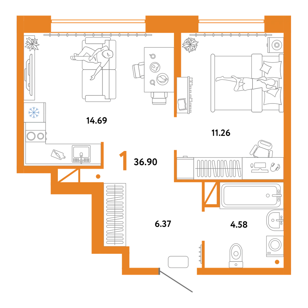 Планировка: 1-комнатная 36,9 м²