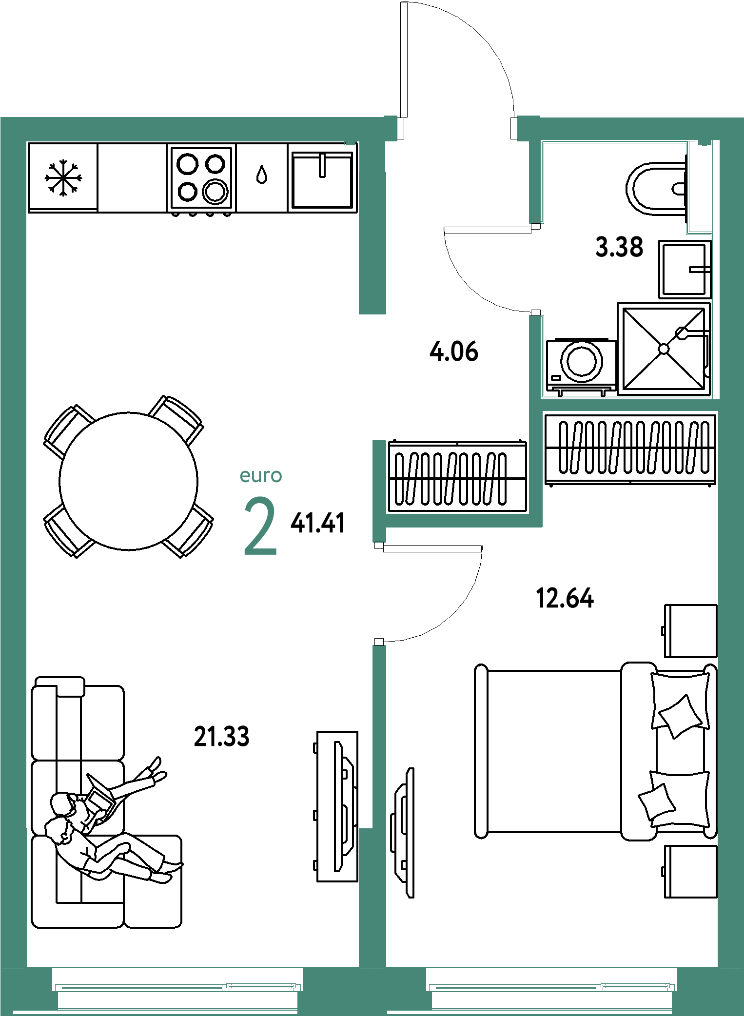 Планировка: Евродвушка 41,41 м² в ЖК «Домашний»