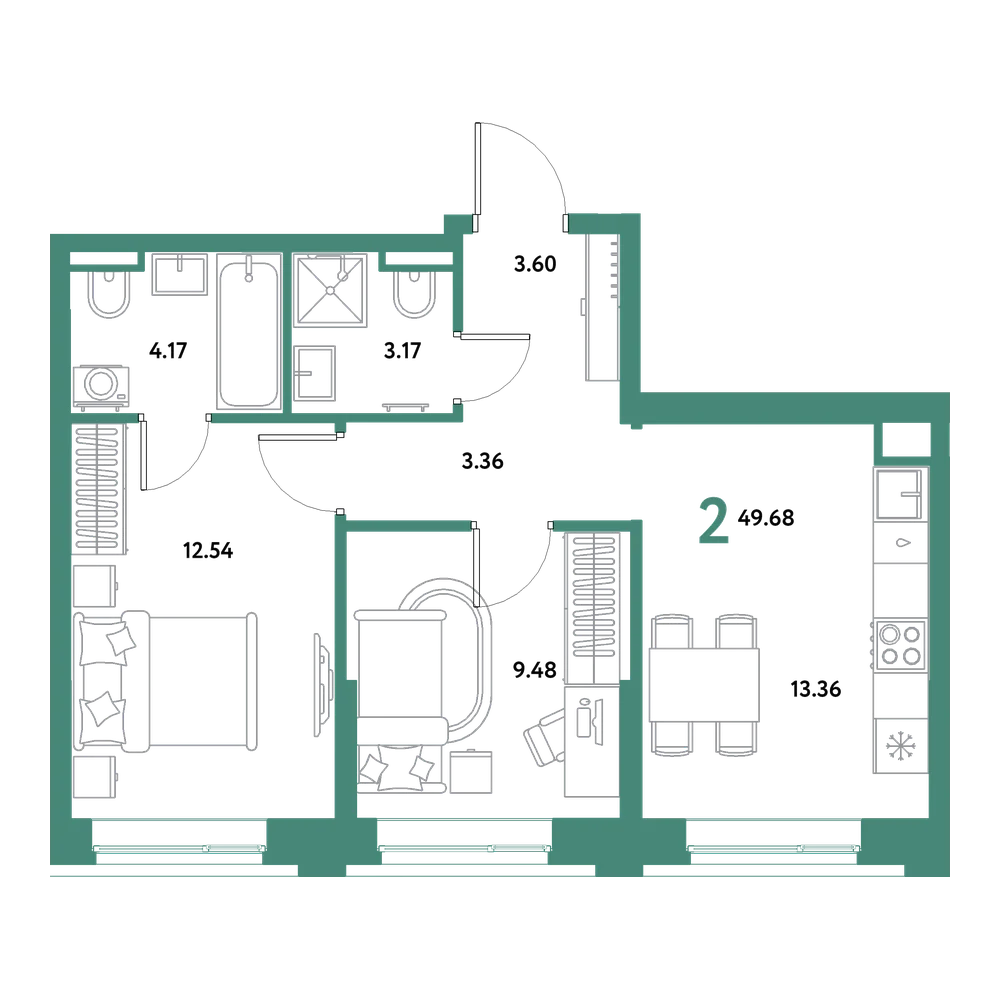 Планировка: 2-комнатная 49,68 м²