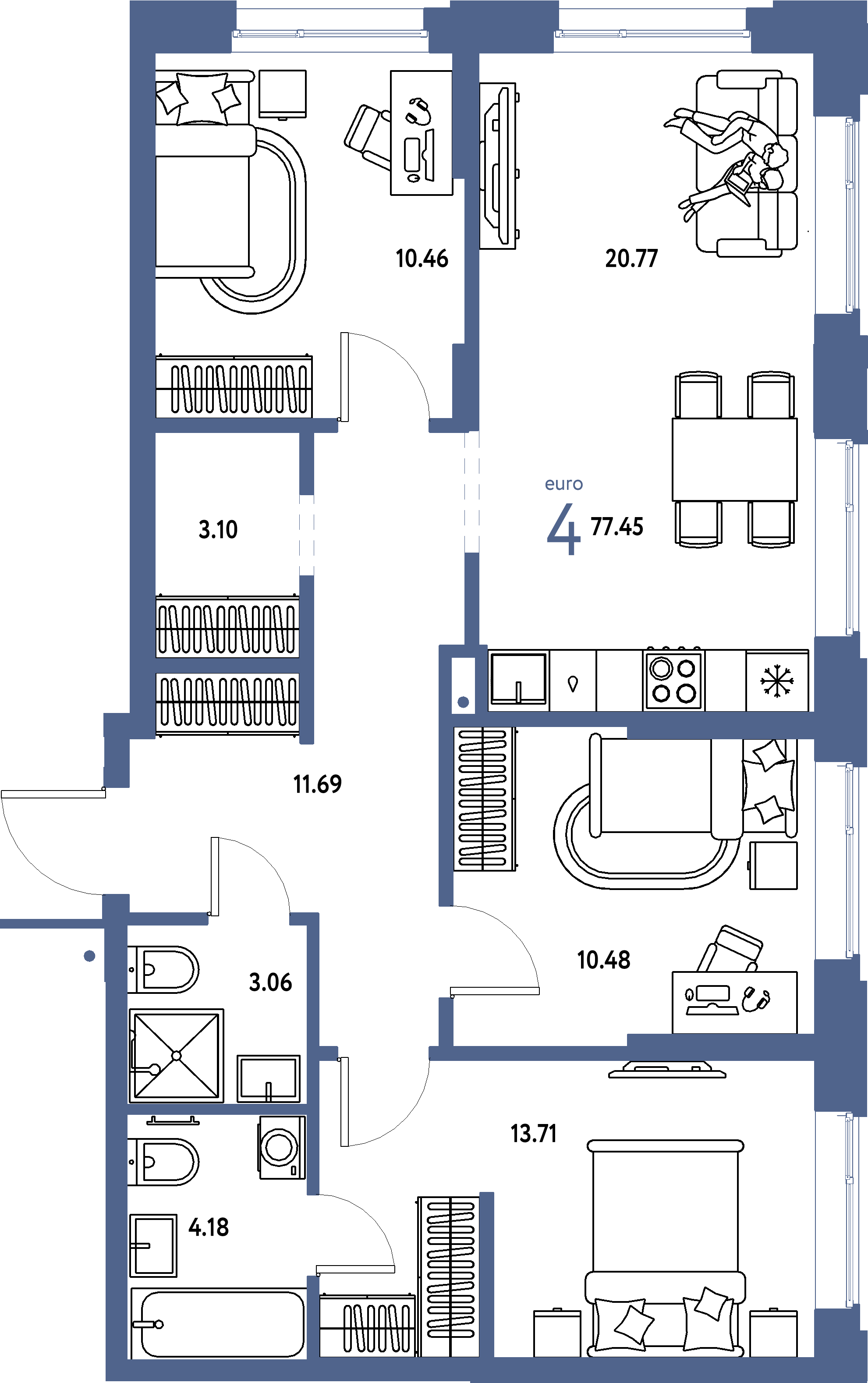 Планировка: Евро-4 77,45 м² в ЖК «Домашний»
