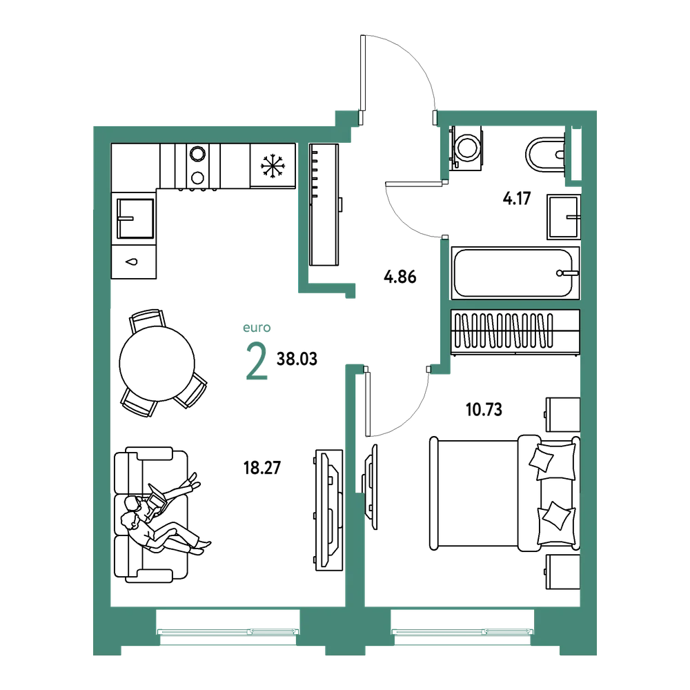 Планировка: Евродвушка 38,03 м²