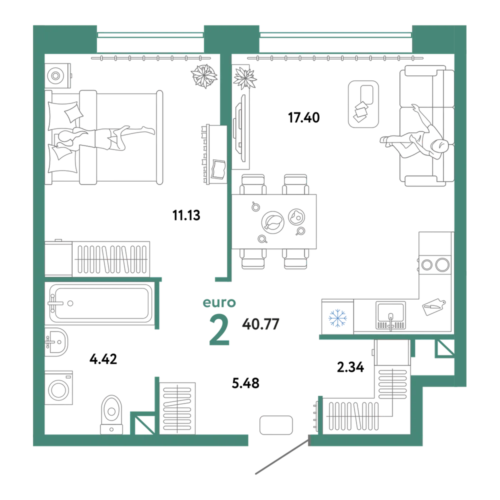 Планировка: Евродвушка 40,77 м²