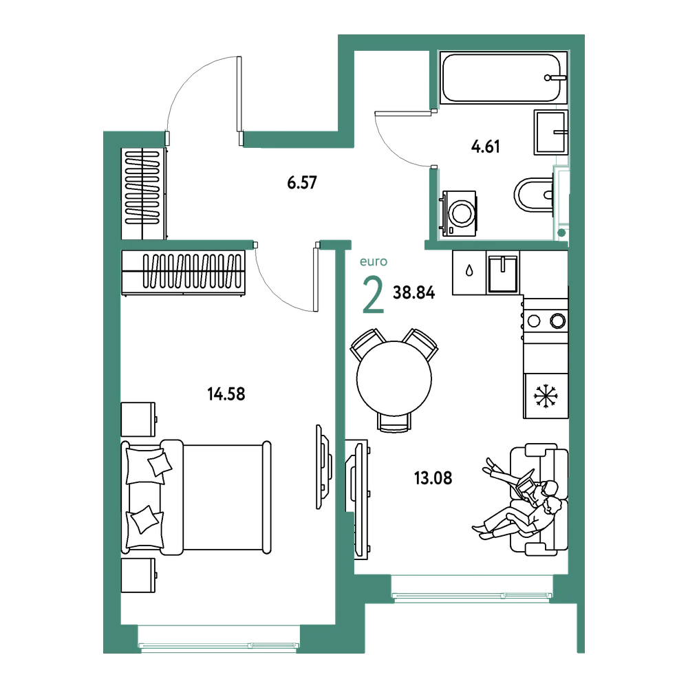 Планировка: Евродвушка 38,84 м²