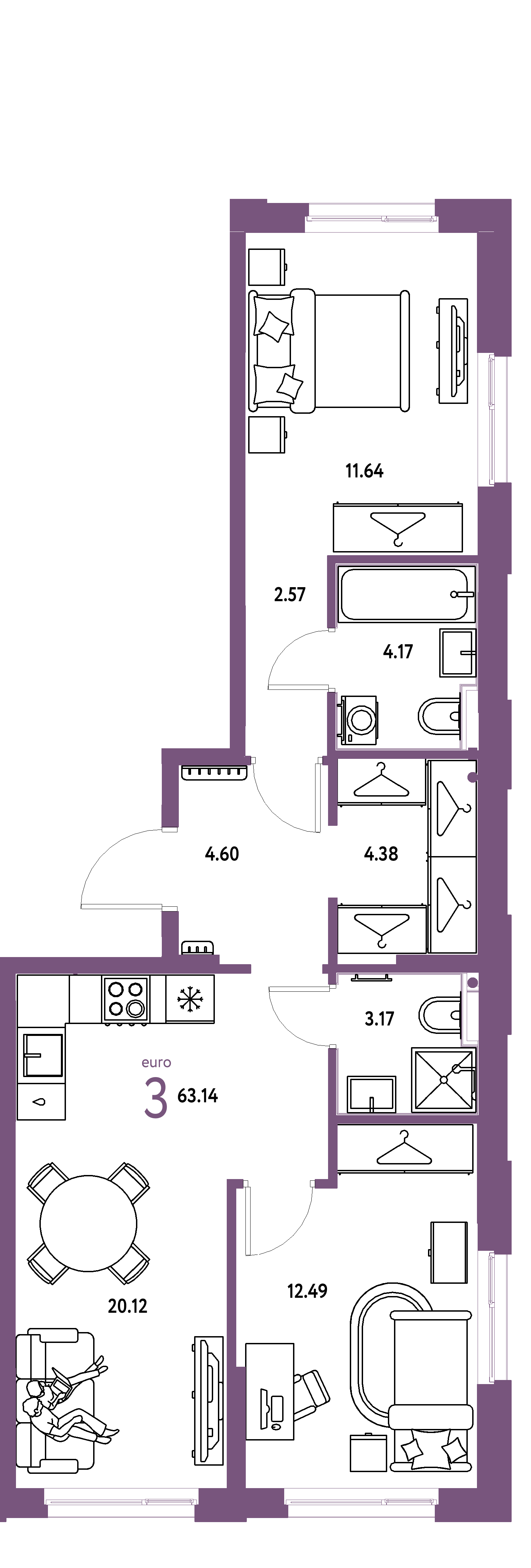 Планировка: Евротрёшка 63,14 м² в ЖК «Европейский берег 2.0»