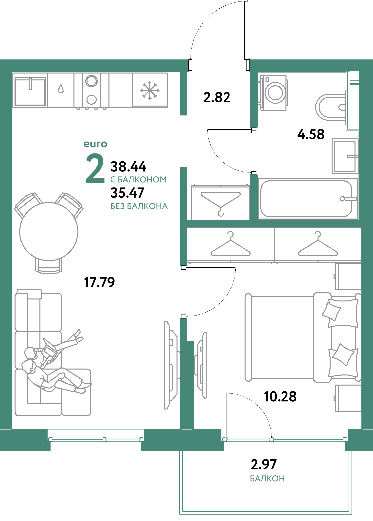 Планировка: Евродвушка 38,44 м² в ЖК «Остров-сад»