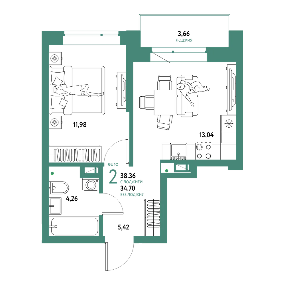Планировка: Евродвушка 38,36 м²