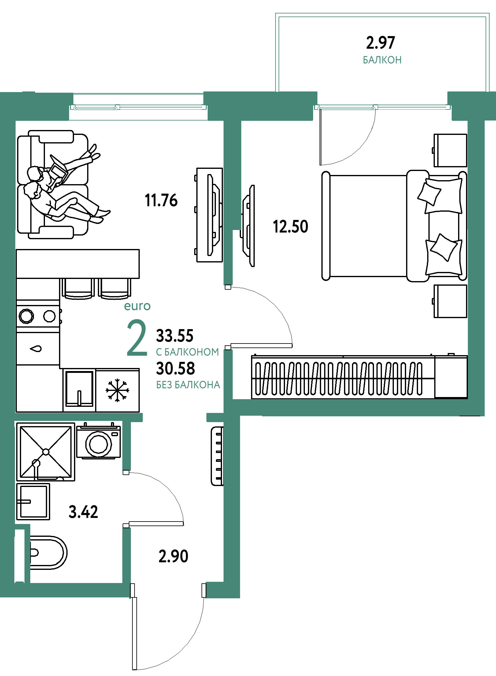 Планировка: Евродвушка 33,55 м² в ЖК «Остров-сад»