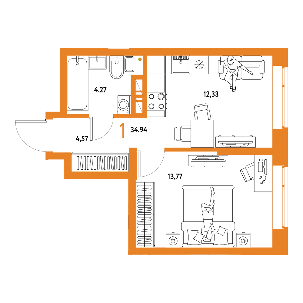 Планировка: 1-комнатная 34,94 м²