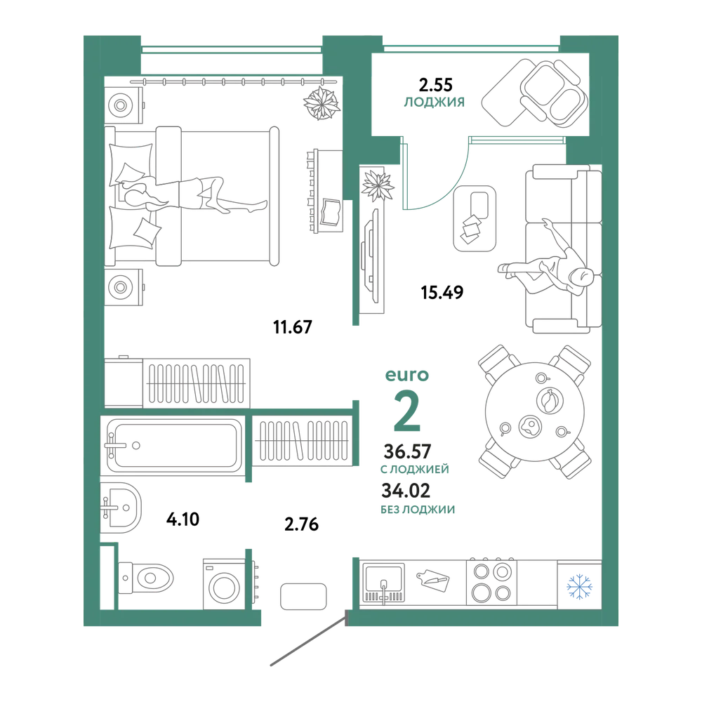 Планировка: Евродвушка 36,57 м²