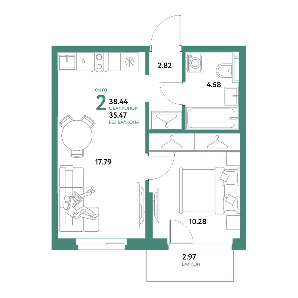 Планировка: Евродвушка 38,44 м²