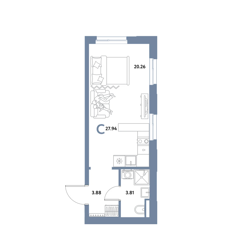 Планировка: Студия 27,94 м²