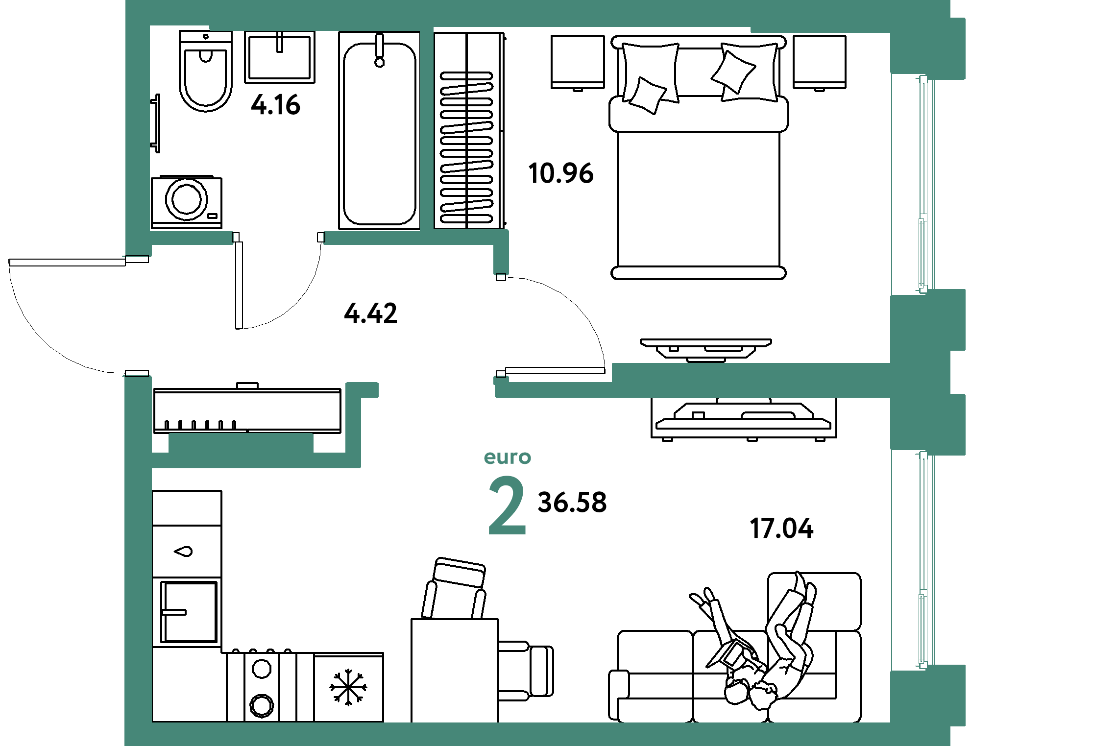 Планировка: Евродвушка 36,58 м² в ЖК «Европейский берег 2.0»
