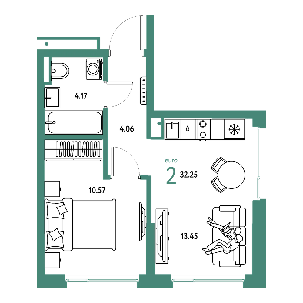 Планировка: 1-комнатная 32,25 м²