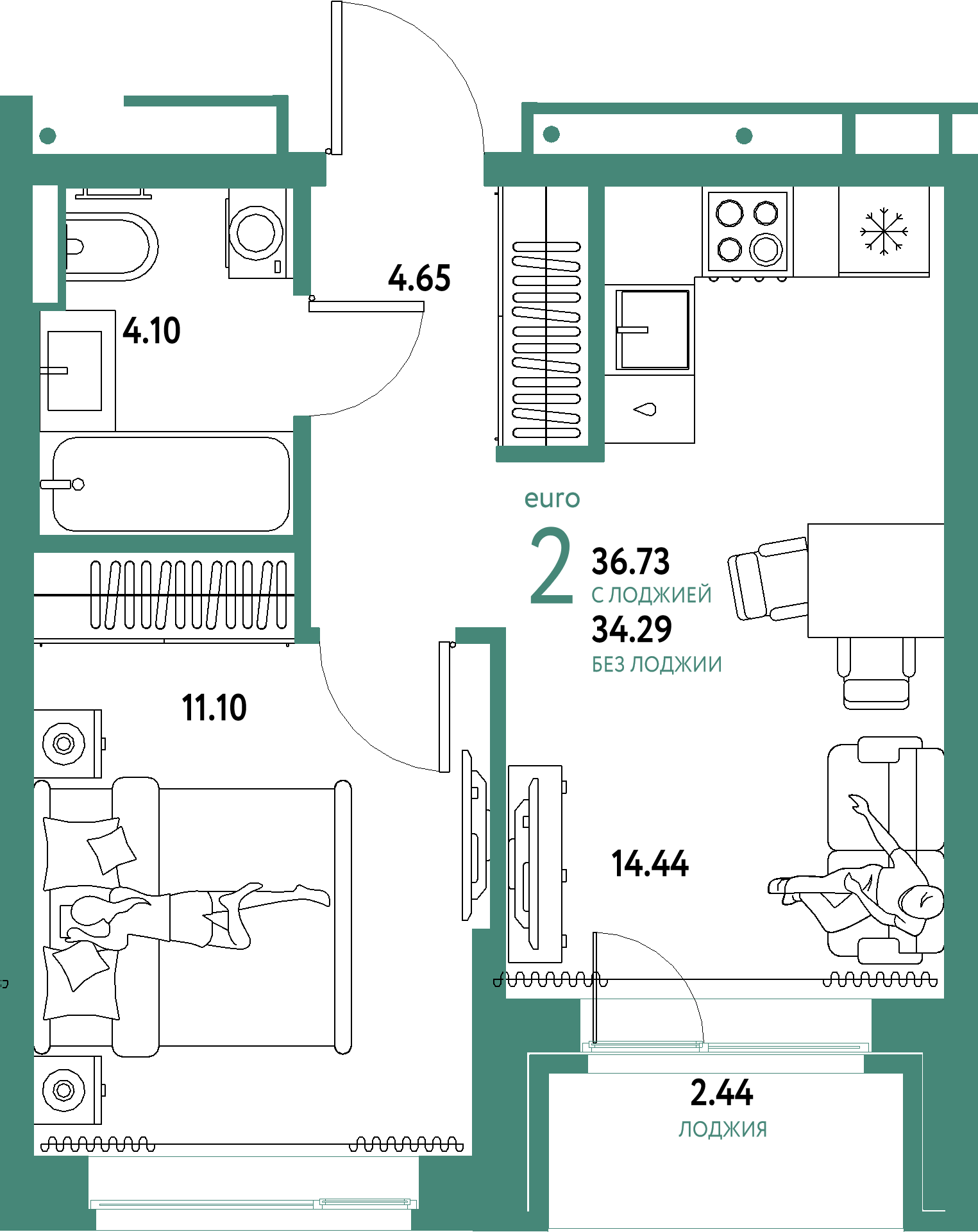 Планировка: Евродвушка 36,73 м² в ЖК «Домашний»