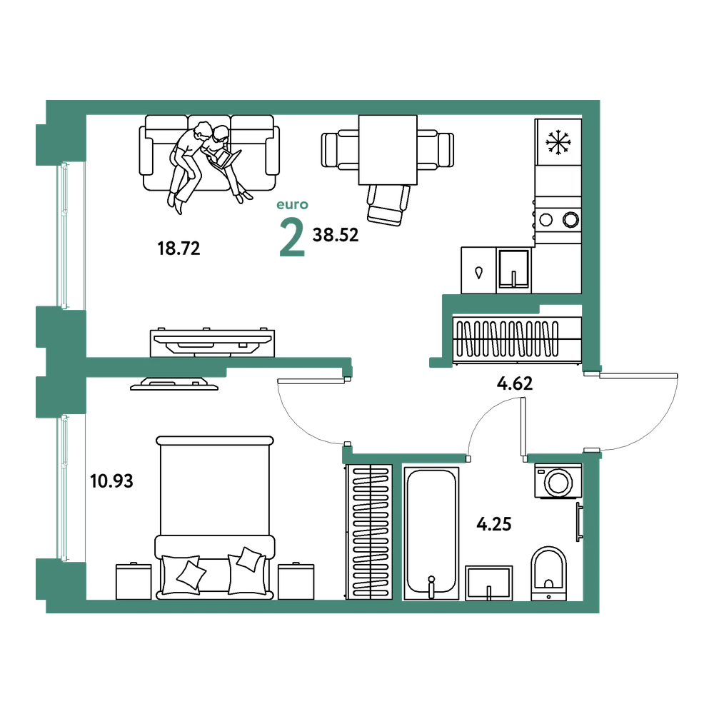 Планировка: Евродвушка 38,52 м²