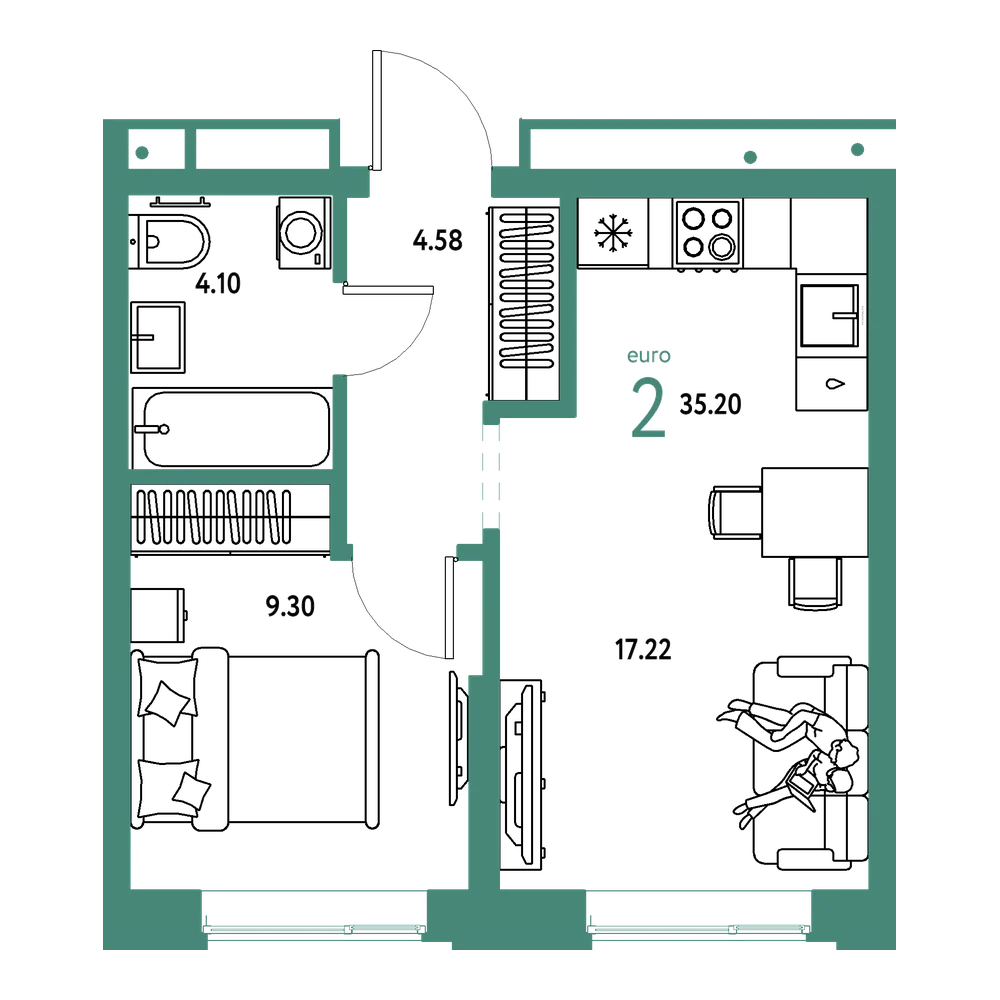Планировка: Евродвушка 35,2 м²