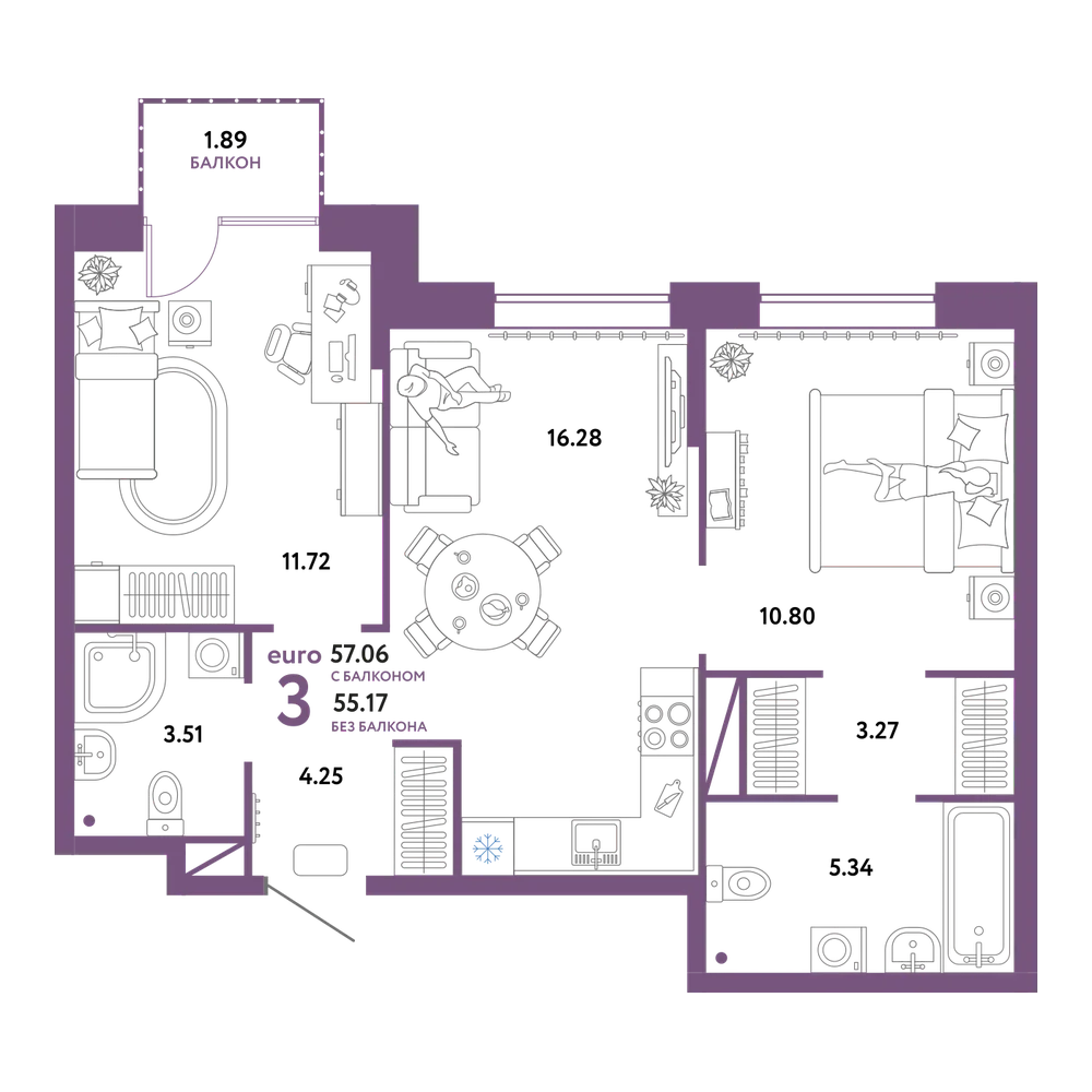 Планировка: Евротрёшка 57,06 м²
