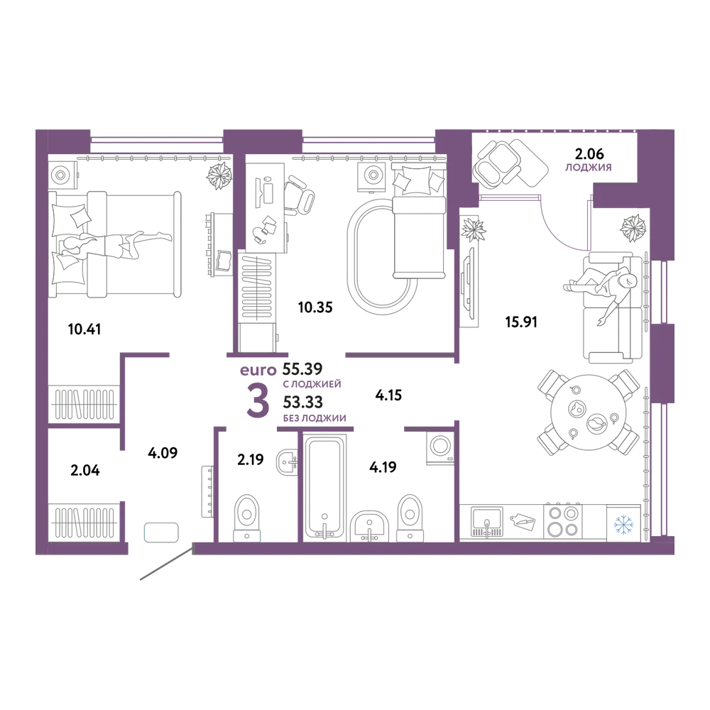 Планировка: Евротрёшка 55,38 м²
