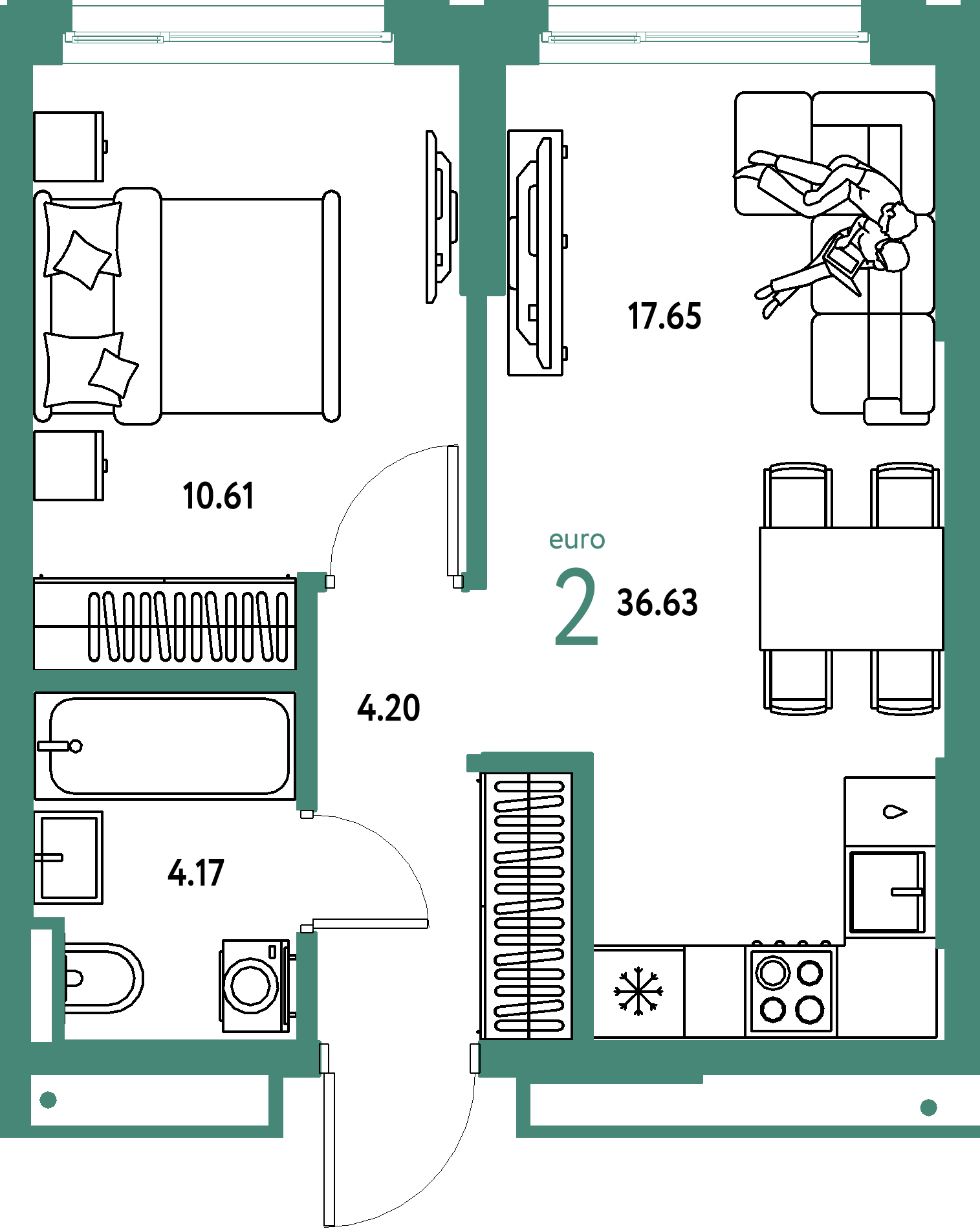 Планировка: Евродвушка 36,63 м² в ЖК «Страна.Прибрежная»