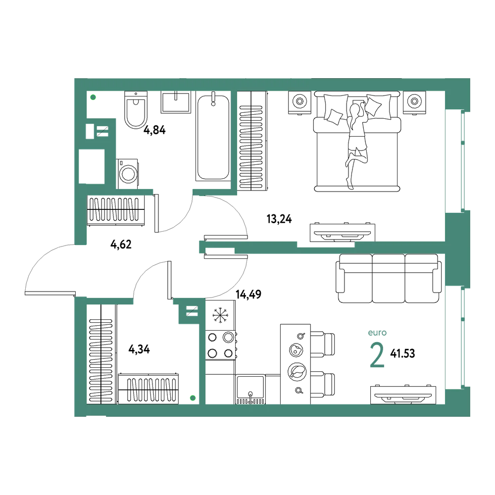 Планировка: Евродвушка 41,53 м²
