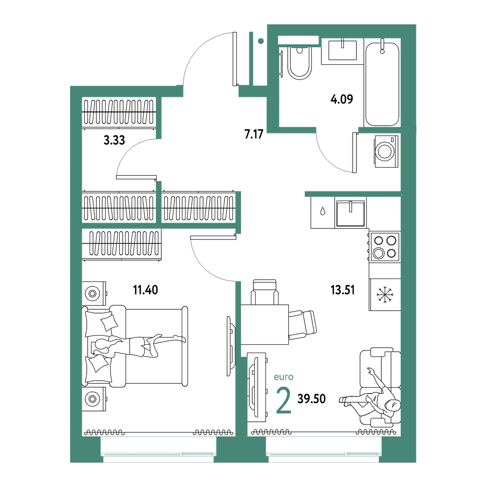 Планировка: Евродвушка 39,5 м²