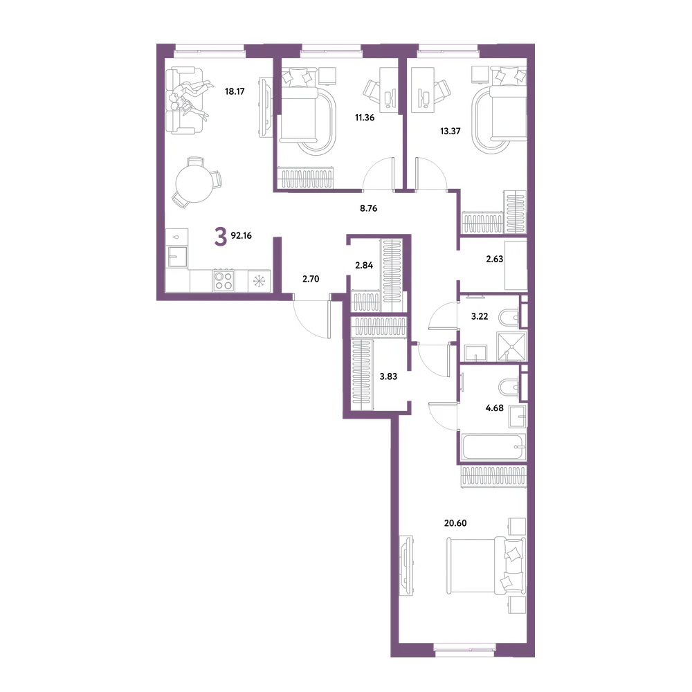 Планировка: 3-комнатная 92,16 м²