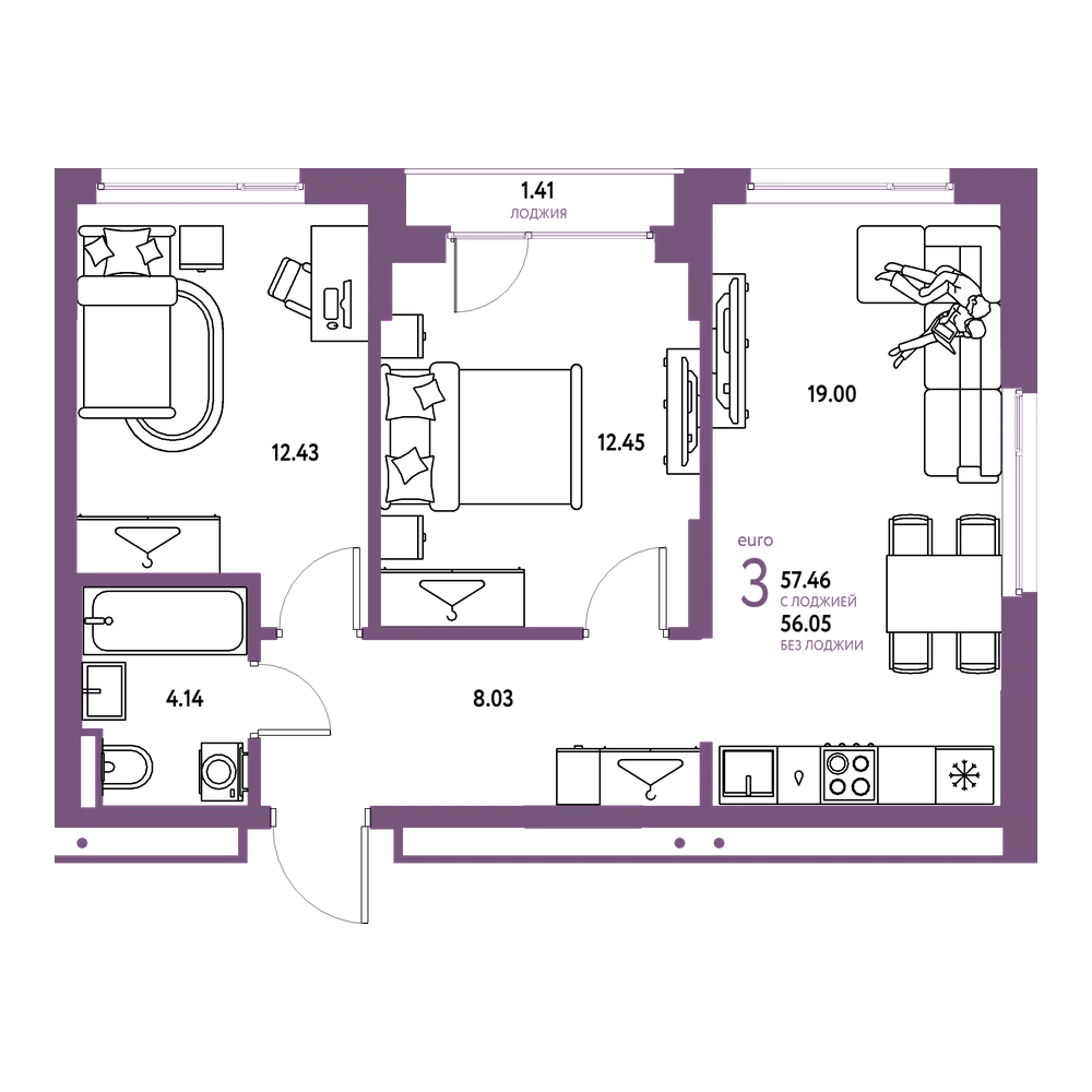 Планировка: Евротрёшка 57,46 м²
