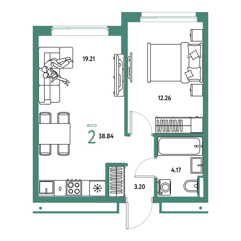 Планировка: Евродвушка 38,84 м²